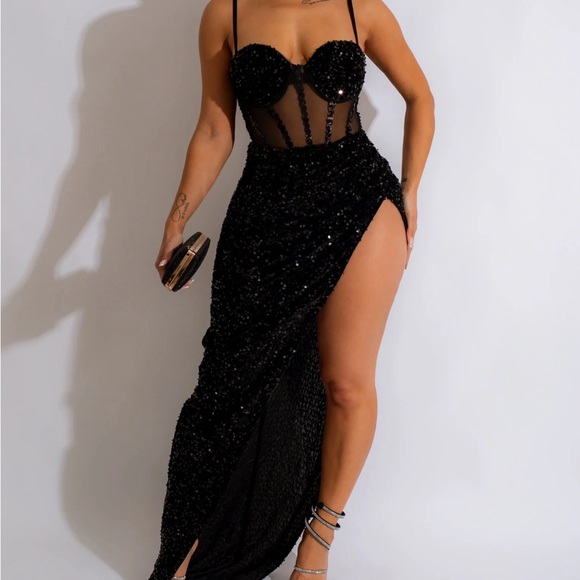 Diva Boutique Black Sequin High Slit Dress - Picture 5 of 12